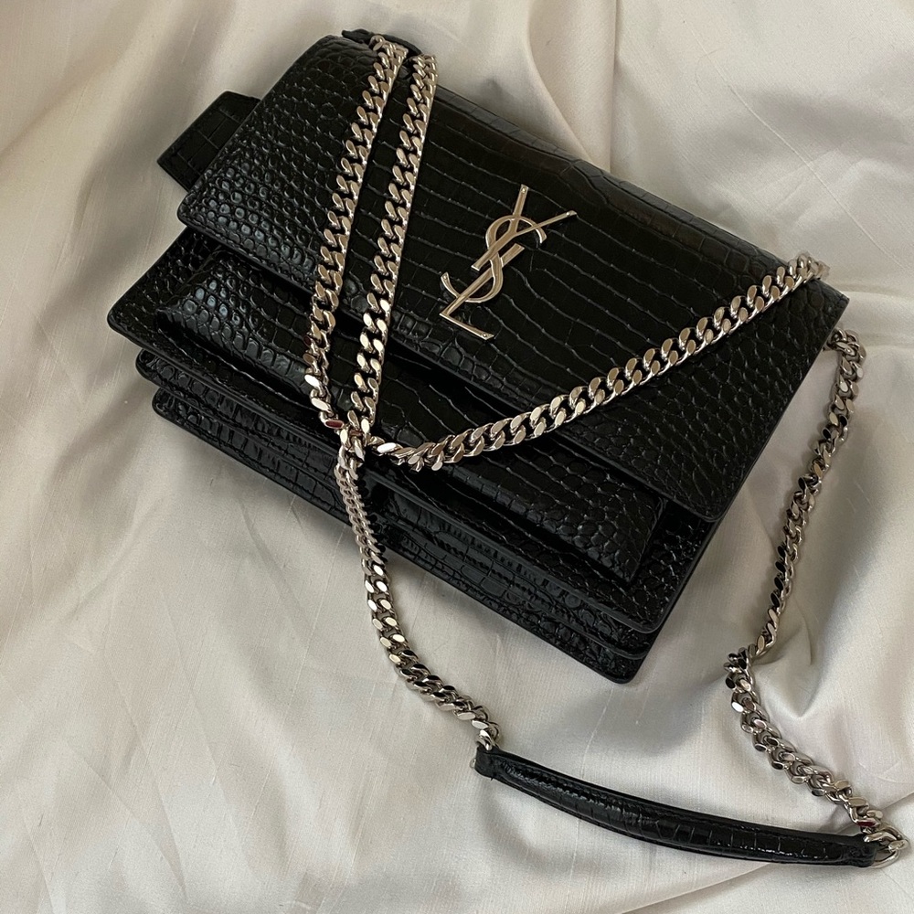 Yves Saint Laurent Black Croc-Embossed Shoulder Bag
